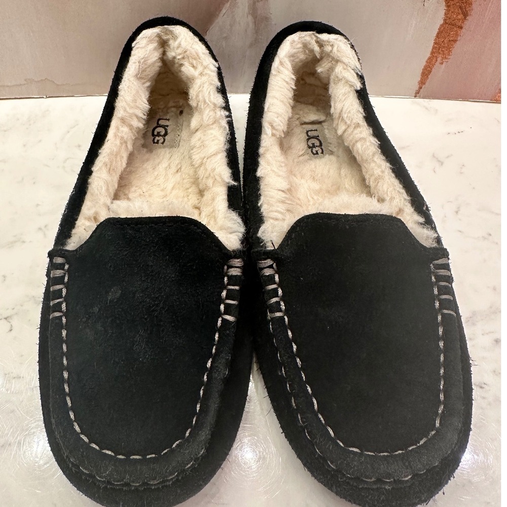 UGG Australia Ansley Black Suede Wool Lined Moccasin Slippers Loafers Sz 8